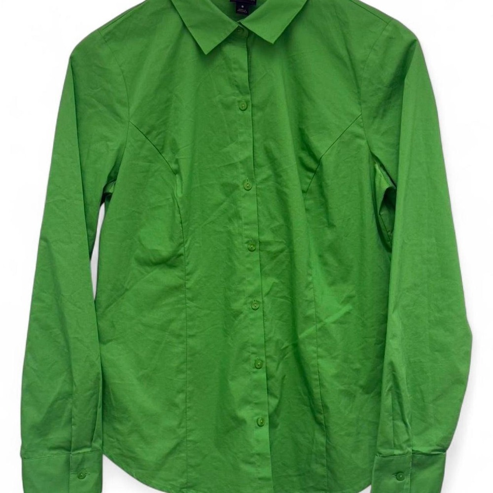 Worthington Green Structured Cotton Blouse Long Sleeve Button Down Top Size 8